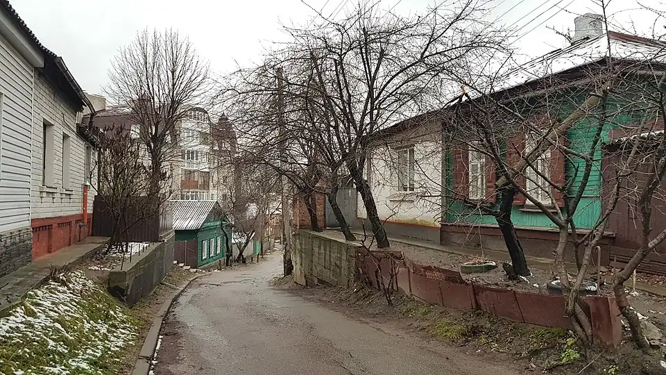 конец улицы, исторические дома: справа № 45 (зелёного цвета) и слева № 46 (зелёного цвета)