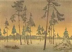 Зимний пейзаж с соснами на заходе солнца, 1927.