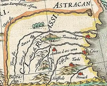 Сев.-Вост. Кавказ в XV-XVI вв. Отмечен город тюменов — Тюмень (Tumenscko). Фрагмент карты Г. Герритса на основе карты Фёдора II Годунова (Амстердам, 1613-1614 гг.).