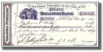 Чек «твидовского» Бродвей банка, 1870