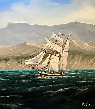 Шхуна «Гонец» на картине В. Косова «Захват шхуной „Гонец“ турецкой Чектырме у побережья Сочи»