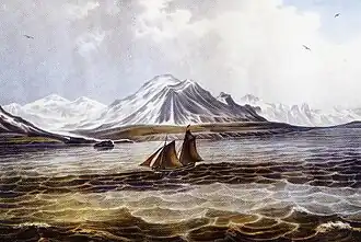 «Шхуна „Кротов“ на фоне горы Носилова», рисунок Редера, 1837 год