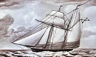 Однотипная со «Смелой» шхуна «Ласточка» на литографии Подустова, выполненной по рисунку В. А. Прохорова