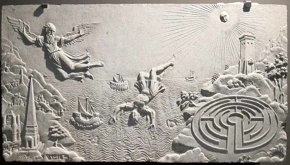 Рельеф XVII века с критским лабиринтом внизу справа (Музей Антуана Вивелла[англ.])