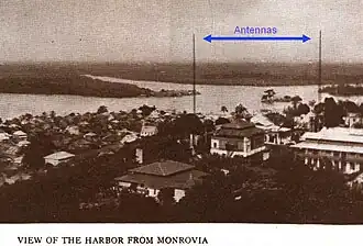 Вид на гавань Монровии в 1918 году. Подписаны антенны французской радиостанции, которая была целью атаки.