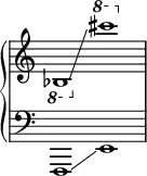 \new PianoStaff <<
\new Staff = "right" \with {\remove "Time_signature_engraver"} {\time 2/1
\ottava #-1 bes,1 \glissando \ottava #1 cis''''1
}
\new Staff = "left" \with {\remove "Time_signature_engraver"} {
\clef bass
f,,1 \glissando e,1
} >>