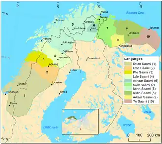 1 - южносаамский язык
2 - уме-саамский язык
3 - пите-саамский язык
4 - луле-саамский язык
5 - северносаамский язык
6 - инари-саамский язык
7 - колтта-саамский язык
8 - кильдинский саамский язык
9 - бабинский саамский язык
10 - йоканьгско-саамский язык