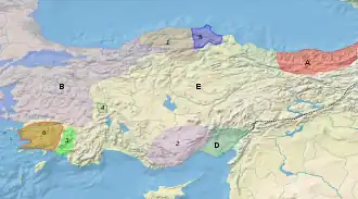 Возникновение бейлика ментеше в 1280 году. * A Трапезундская империя * B Византийская империя  * D Киликийская Армения * E Государство сельджуков * 1 Чобаногуллары * 2 Караманогуллары * 3 Инанчогуллары (Ладик) * 4 Сахиб-атаогуллары * 5 Перванеогуллары * 6 Ментешеогуллары