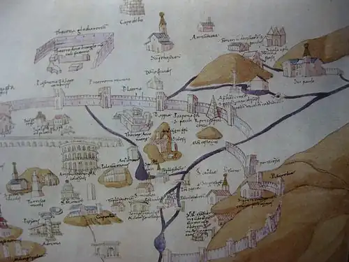 На одном из самых ранних изображений Тестаччо представлен бесформенным курганом. Piero del Massaio. 1472 год.