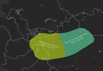 Разделенное Могульское ханство в 1516 году.  Яркендское ханство Султан-Саид-хана в Кашгарии (Алтышахр) и  Турфанское ханство Мансур-хана в Уйгуристане.