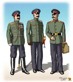 Летняя форма одежды чинов постоянного состава Главной Офицерской Гимнастическо-фехтовальной школы (слева направо): парадная форма для строя форма офицеров, числящихся по пехоте и артиллерии, обыкновенная форма вне строя офицеров, числящихся по кавалерии и конной артиллерии, форма нижних чинов