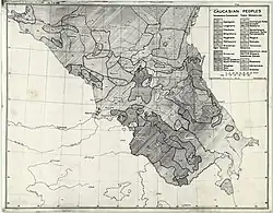 Кумыки  (отмеченные буквами Ku) на этнографической карте Кавказа. Изд. Washington,D.C.:United States.Office of Strategic Services.Geographic Division. 1941-й год.