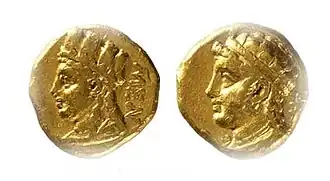 Треть золотого статера. На аверсе изображён Менелай, на реверсе — Афродита и легенда «MEN»