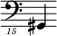 { \new Staff \with { \remove "Time_signature_engraver"} {\clef "bass_15" gis,,,4}}