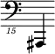 { \new Staff \with { \remove "Time_signature_engraver"} {\clef "bass_15" ais,,,,4}}