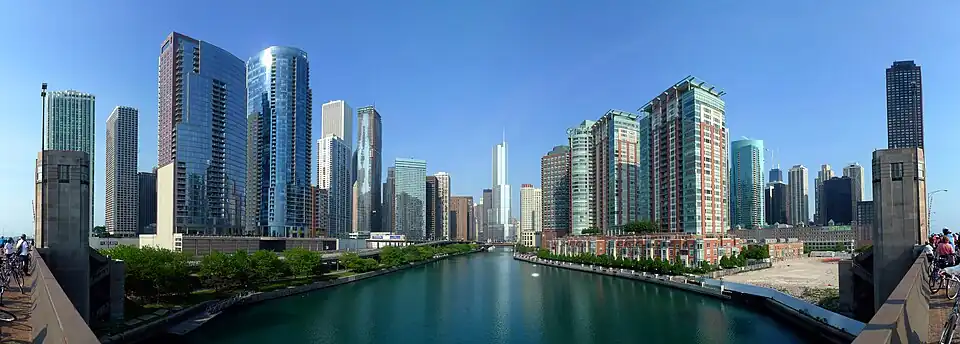 buildings along the sides of a river in a panorama view