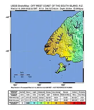 Землетрясение в Фьордленде 15 июля 2009 года (Снимок USGS)