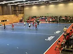 Спортивный зал с матчем по индор-хоккею, игроки в красной и белой форме, зрители на трибунах.