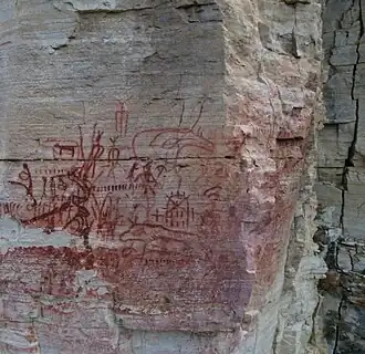 Наскальные рисунки Суруктах-Хая 
(у реки Марха, на правом берегу, в 100 км к северо-западу от с. Хатын-Тумул)