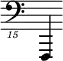 { \new Staff \with { \remove "Time_signature_engraver"} {\clef "bass_15" f,,,,4}}