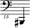 { \new Staff \with { \remove "Time_signature_engraver"} {\clef "bass_15" bis,,,,4}}