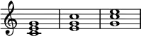 \new Staff \with {\remove "Time_signature_engraver"} {
< c' e' g' >1
< e' g' c'' >1
< g' c'' e'' >1 }