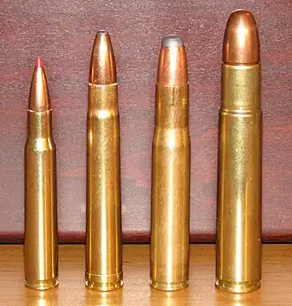 Слева направо:  .30-06 Springfield, .375 Н&Н Magnum, .404 Jeffery, .505 Gibbs