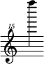 { \new Staff \with { \remove "Time_signature_engraver"} {\clef "treble^15" f''''''4}}
