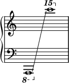 \new PianoStaff <<
\new Staff = "right" \with { \remove "Time_signature_engraver" } {
s1
}
\new Staff = "left" \with { \remove "Time_signature_engraver" } {\cadenzaOn
\clef bass
\set Staff.ottavation = #"8"
\once \override Staff.OttavaBracket.direction = #DOWN
a,,1\glissando
\change Staff = "right"
\set Staff.ottavation = #"15"
c'''1 \cadenzaOff \bar"|"
}
>>
