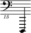 { \new Staff \with { \remove "Time_signature_engraver"} {\clef "bass_15" d,,,,4}}