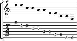 
  \new StaffGroup \with {
    \consists "Instrument_name_engraver"
  } <<
    \new Staff \with {
      midiInstrument = "acoustic guitar (steel)"
     \remove "Time_signature_engraver"
    } { \clef "treble_8" \relative c' {
  \time 13/4
  \hide StringNumber \hide Stem
  e e\2 b b\3 g g\4 d d\5 a a\6 e
} }
    \new TabStaff \with {
      stringTunings = \stringTuning <e, a, d g b e'>
    } \relative c' {
  \time 13/4
  e e\2 b b\3 g g\4 d d\5 a a\6 e
}
  >>
