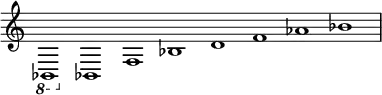 \new Staff \with {\remove "Time_signature_engraver"} {\time 8/1
\ottava -1 bes,,1 \ottava 0 bes, f bes d' f' aes' bes'}