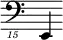 { \new Staff \with { \remove "Time_signature_engraver"} {\clef "bass_15" e,,,4}}