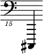 { \new Staff \with { \remove "Time_signature_engraver"} {\clef "bass_15" cis,,,,4}}