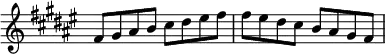 \new Staff \with {\remove "Time_signature_engraver"} {\key fis \major \set Score.tempoHideNote = ##t \tempo 8 = 120
fis'8    gis'8    ais'8    b'8    cis''8    dis''8    eis''8    fis''8
fis''8    eis''8    dis''8    cis''8    b'8    ais'8   gis'8    fis'8 }
