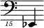 { \new Staff \with { \remove "Time_signature_engraver"} {\clef "bass_15" es,,,4}}