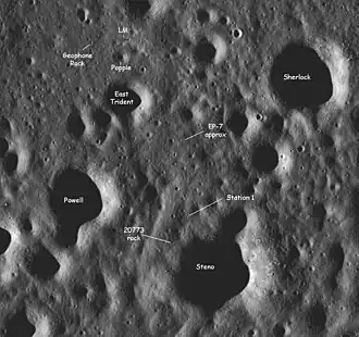 Вверху и чуть слева — посадочная ступень «Челленджера». Левее неё — скала Geophone Rock. Внизу кратер Стено, чуть выше — место первой геологической остановки (Station 1). EP-7 — примерное место размещения второго (№ 7) заряда взрывчатки. Снимок сделан в июле 2009 года КА LRO