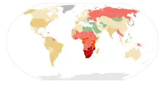  A map of the world where most of the land is colored green or yellow except for sub Saharan Africa which is colored red