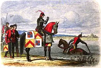 Герцог Бекингем пытается переправиться через реку Северн. Иллюстрация к книге «Английские хроники» Джеймса Дойла (1864 год).