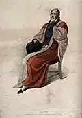 A doctor of physic in his ceremonial congregation robes at Oxford. Цветная гравюра Джона Агара, 1813 г., по Томасу Увинсу[англ.].