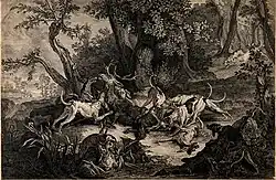 Стая собак нападает на оленя на лесной поляне у реки. Ок. 1750. Офорт