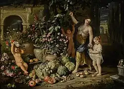 Н. Ваккаро и А. Брейгель. Молодая женщина с тремя детьми собирает смоквы в саду на террасе. Между 1660 и 1699. Холст, масло. Частное собрание