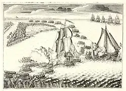 Взятие шведских судов «Астрильд» и «Гедан» на невском взморье в ночь с 6 на 7 мая 1703 года. По рисунку П. Пикарта. Между 1703 и 1705