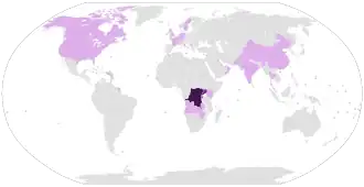  Страны с 10 000+ случаев
 Страны с 1000–9999 случаев
 Страны с 100–999 случаев
 Страны с 1–99 случаев
 Нет подтверждённых случаев