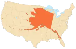 Аляска составляет 18 % площади всех США, её площадь составляет 21 % от площади 48 континентальных штатов.