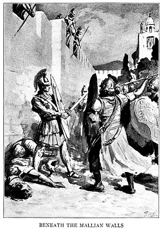 Леоннат спас раненого Александра Македонского от верной смерти во время штурма города маллов. Гравюра «Александр Великий под маллийскими стенами» 1913 года М. М. Киркмана[англ.]