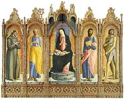 Мадонна с Младенцем и святыми Франциском, Петром, Павлом и Иоанном Крестителем. Дерево, темпера, золочение. Национальная галерея Марке, Урбино