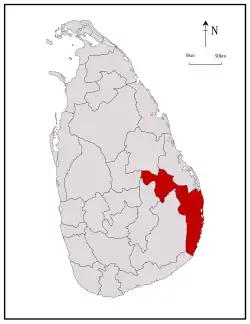 Area map of Ampara District, located along the east by south and south east coast and projecting into the interior of the country at the northern border, in the Eastern Province of Sri Lanka