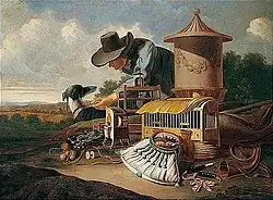 Натюрморт с охотничьими орудиями в пейзаже, охотником и собакой. Ок. 1670. Холст, масло. 124 × 169 см. Частное собрание