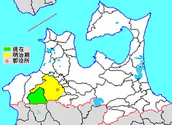 Расположение уезда Накацугару (жёлтый цвет) на карте префектуры Аомори